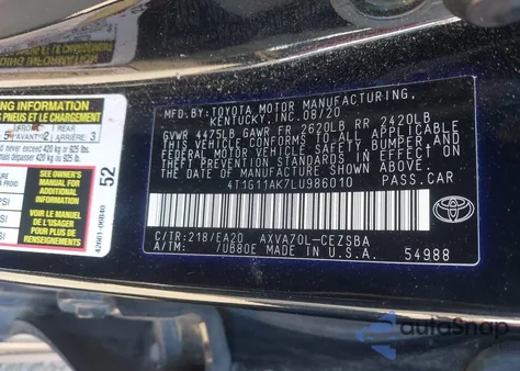 2020 Toyota Camry Se from USA, damaged, VIN 4T1G11AK7LU986010